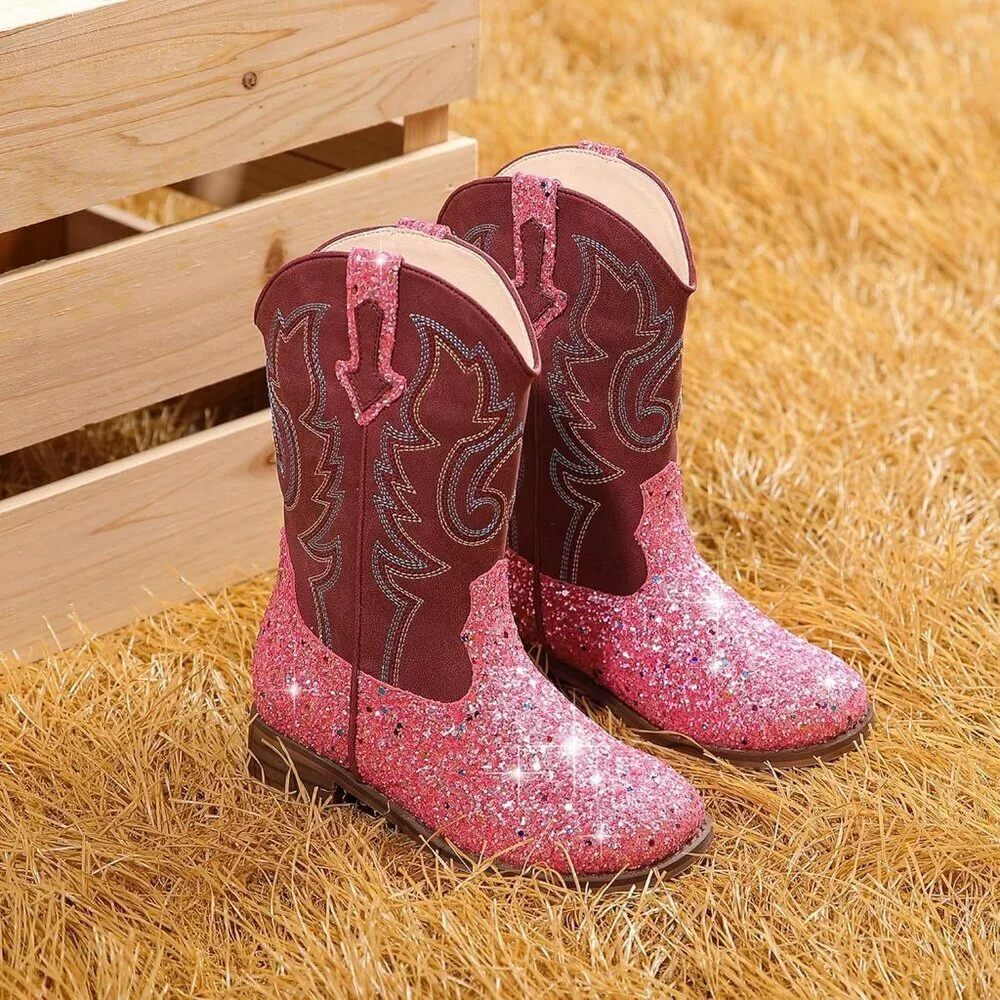 Unisex Child Pink Mid Calf Glitter Toddler Cowboy Boot Little Big Kids Western